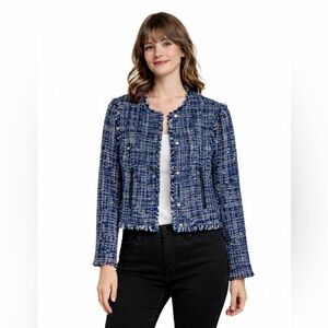 Halogen Blue White Tweed Jacket Chanel Style Blazer Size S